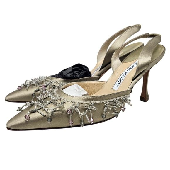 Y2K Manolo Blahnik 35.5 Satin Beaded Slingback Heel Bridal Beige Formal Classic - Picture 1 of 7